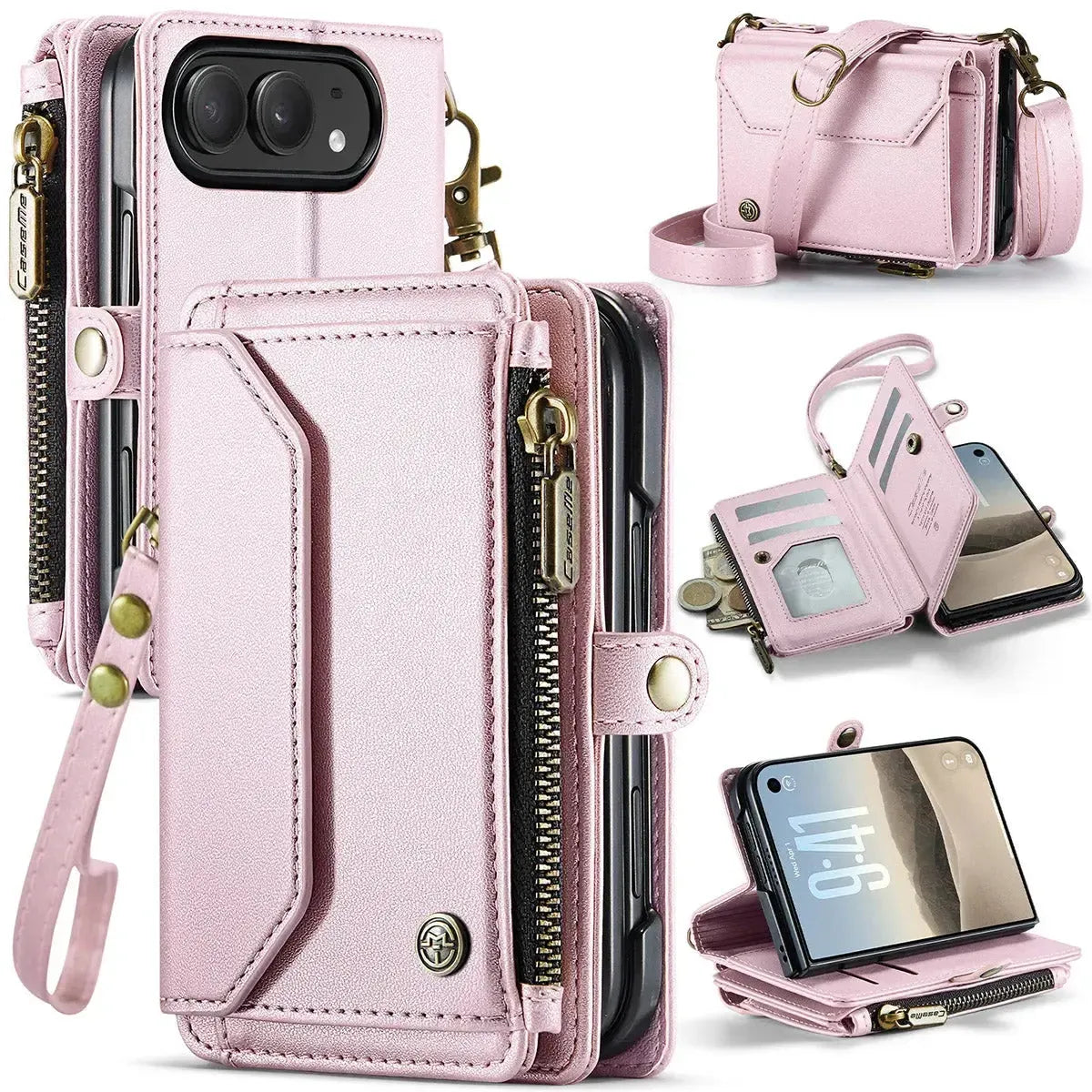 Buy Multifunctional Leather Crossbody Wallet Case with RFID Blocking & Wireless Charging for iPhone Duo - Aurelia at Caseles-iPhone Duo, Aurora-Pink