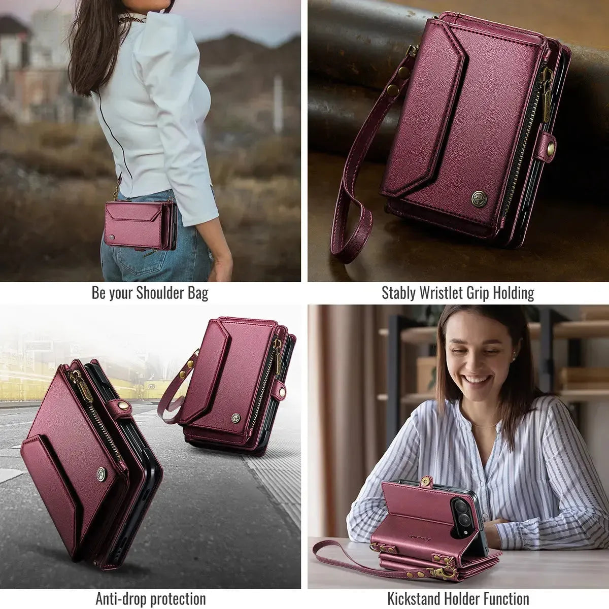Buy Multifunctional Leather Crossbody Wallet Case with RFID Blocking & Wireless Charging for iPhone Duo - Aurelia at Caseles-iPhone Duo, Aurora-Purple