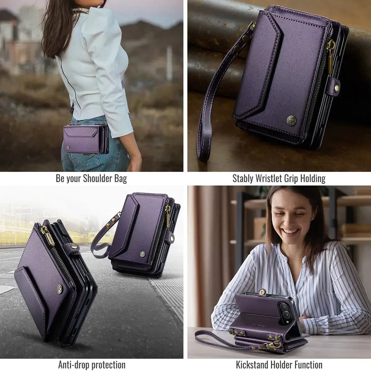 Buy Multifunctional Leather Crossbody Wallet Case with RFID Blocking & Wireless Charging for iPhone Duo - Aurelia at Caseles-iPhone Duo, Aurora-Purple