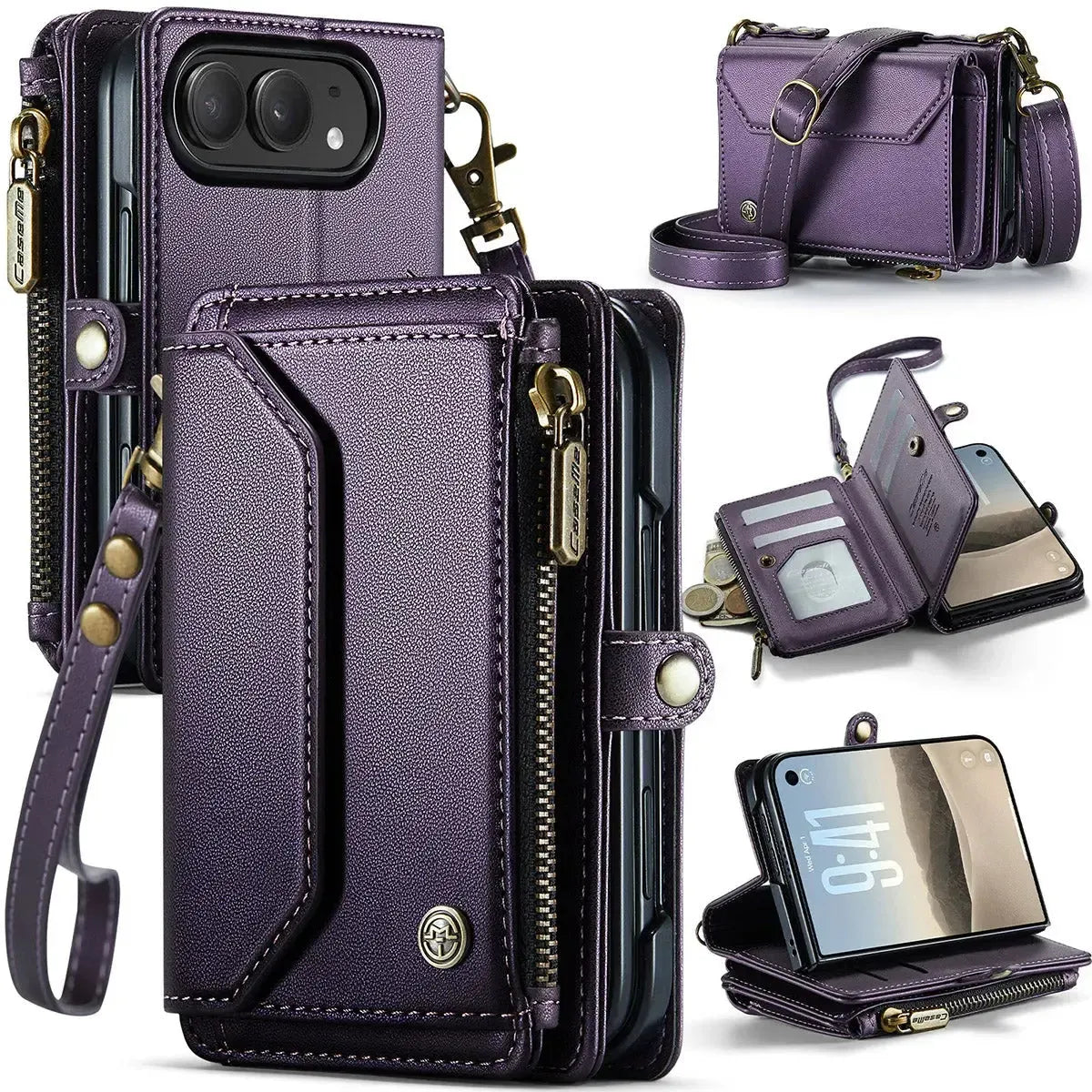 Buy Multifunctional Leather Crossbody Wallet Case with RFID Blocking & Wireless Charging for iPhone Duo - Aurelia at Caseles-iPhone Duo, Aurora-Purple