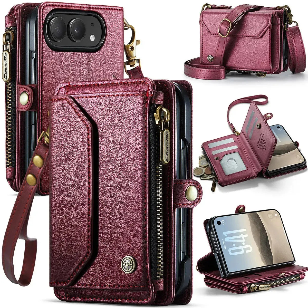 Buy Multifunctional Leather Crossbody Wallet Case with RFID Blocking & Wireless Charging for iPhone Duo - Aurelia at Caseles-iPhone Duo, Aurora-Red