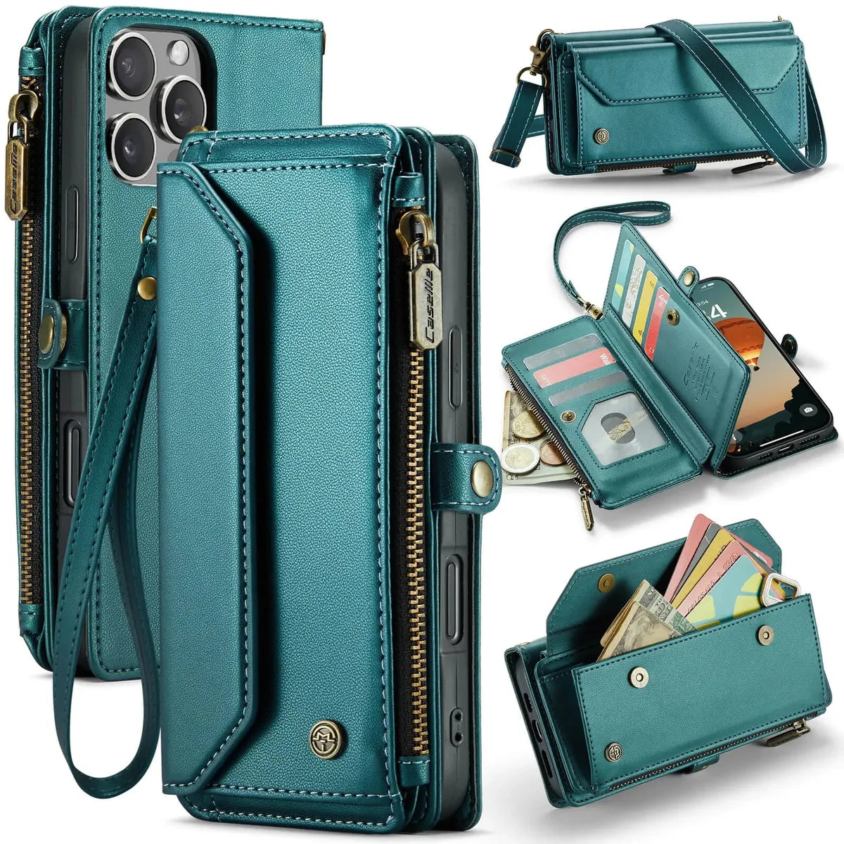Buy Zipper Wallet Phone Case, RFID Blocking, Leather, Card Slots, for iPhone, Aurora at Caseles-iPhone 16 Pro Max, Aurora-Green