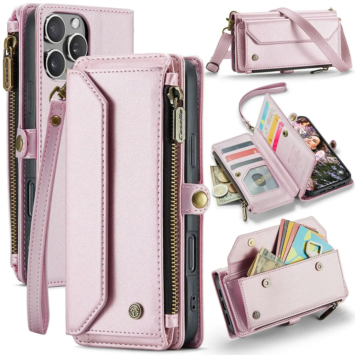 Buy Zipper Wallet Phone Case, RFID Blocking, Leather, Card Slots, for iPhone, Aurora at Caseles-iPhone 16 Pro Max, Aurora-Pink