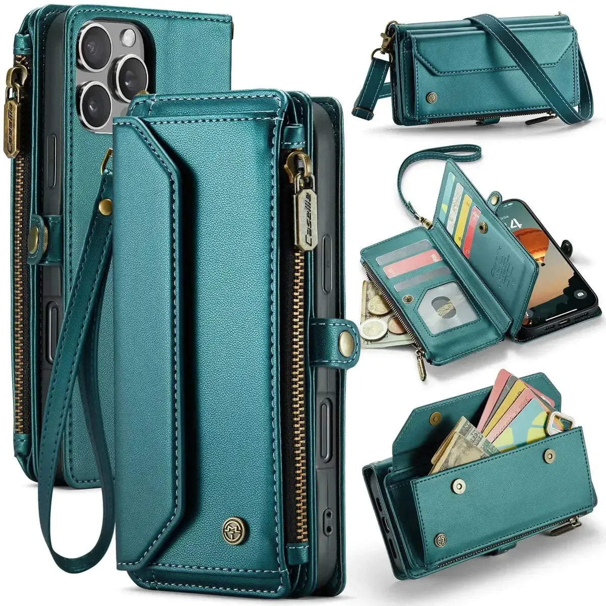 Buy Zipper Wallet Phone Case, RFID Blocking, Leather, Card Slots, for iPhone, Aurora at Caseles-iPhone 16 Pro Max, Aurora-Green