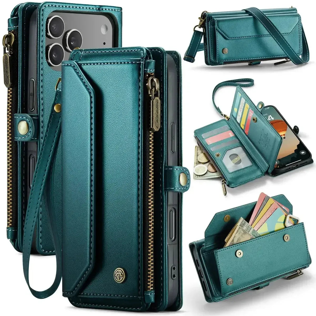 Buy Zipper Wallet Phone Case, RFID Blocking, Leather, Card Slots, for iPhone, Aurora at Caseles-iPhone 17 Pro Max, Aurora-Green