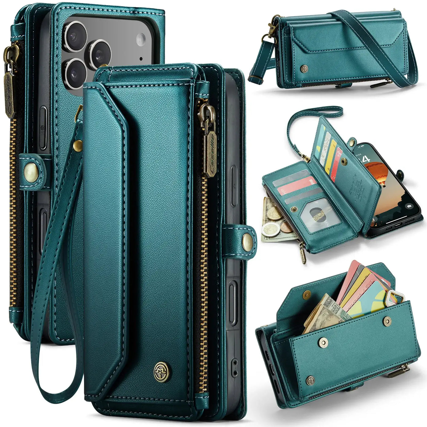Buy Zipper Wallet Phone Case, RFID Blocking, Leather, Card Slots, for iPhone, Aurora at Caseles-iPhone 17 Pro Max, Aurora-Green