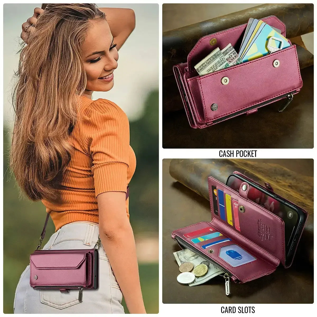 Buy Zipper Wallet Phone Case, RFID Blocking, Leather, Card Slots, for iPhone, Aurora at Caseles-iPhone 17 Pro Max, Aurora-Purple