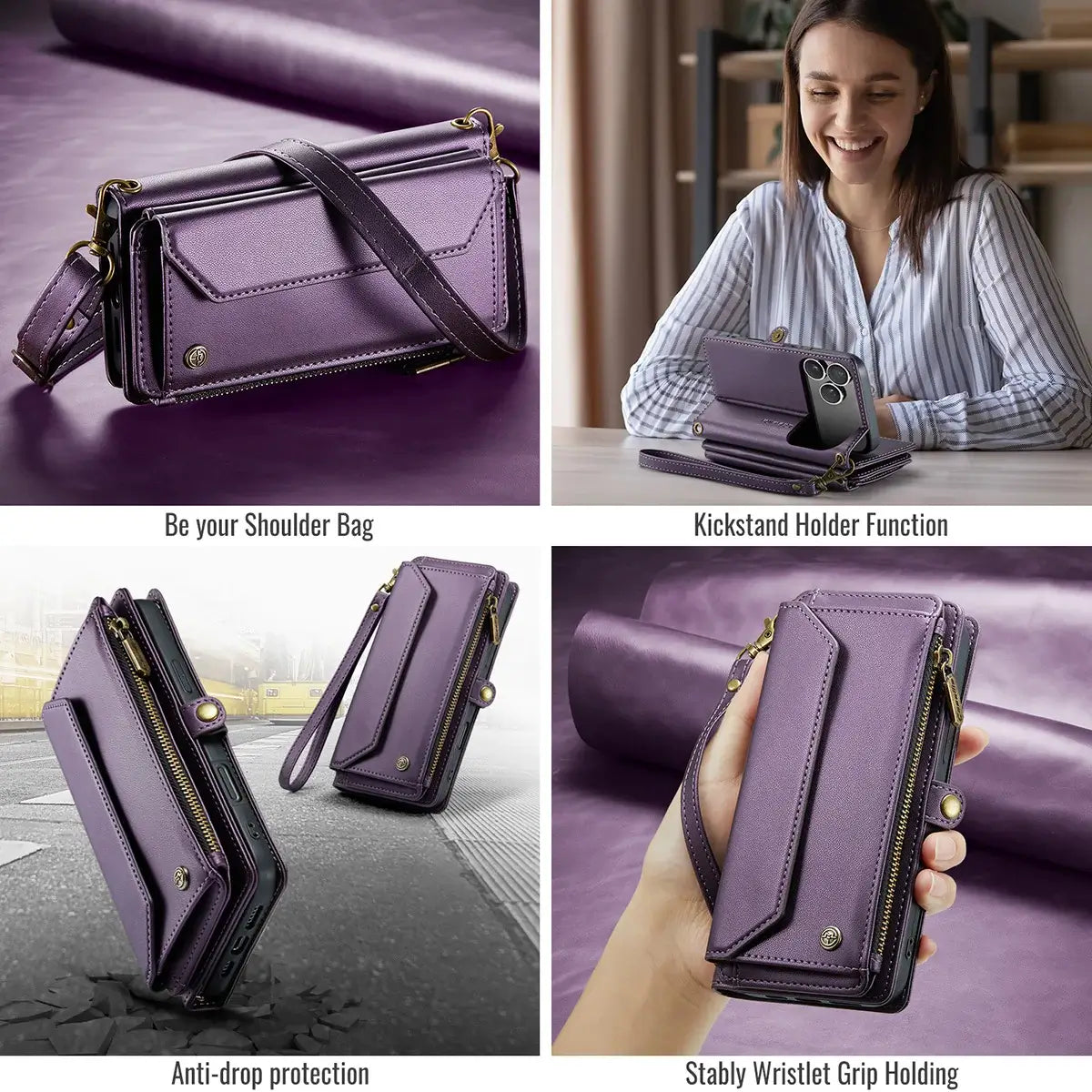 Buy Zipper Wallet Phone Case, RFID Blocking, Leather, Card Slots, for iPhone, Aurora at Caseles-iPhone 17 Pro Max, Aurora-Purple