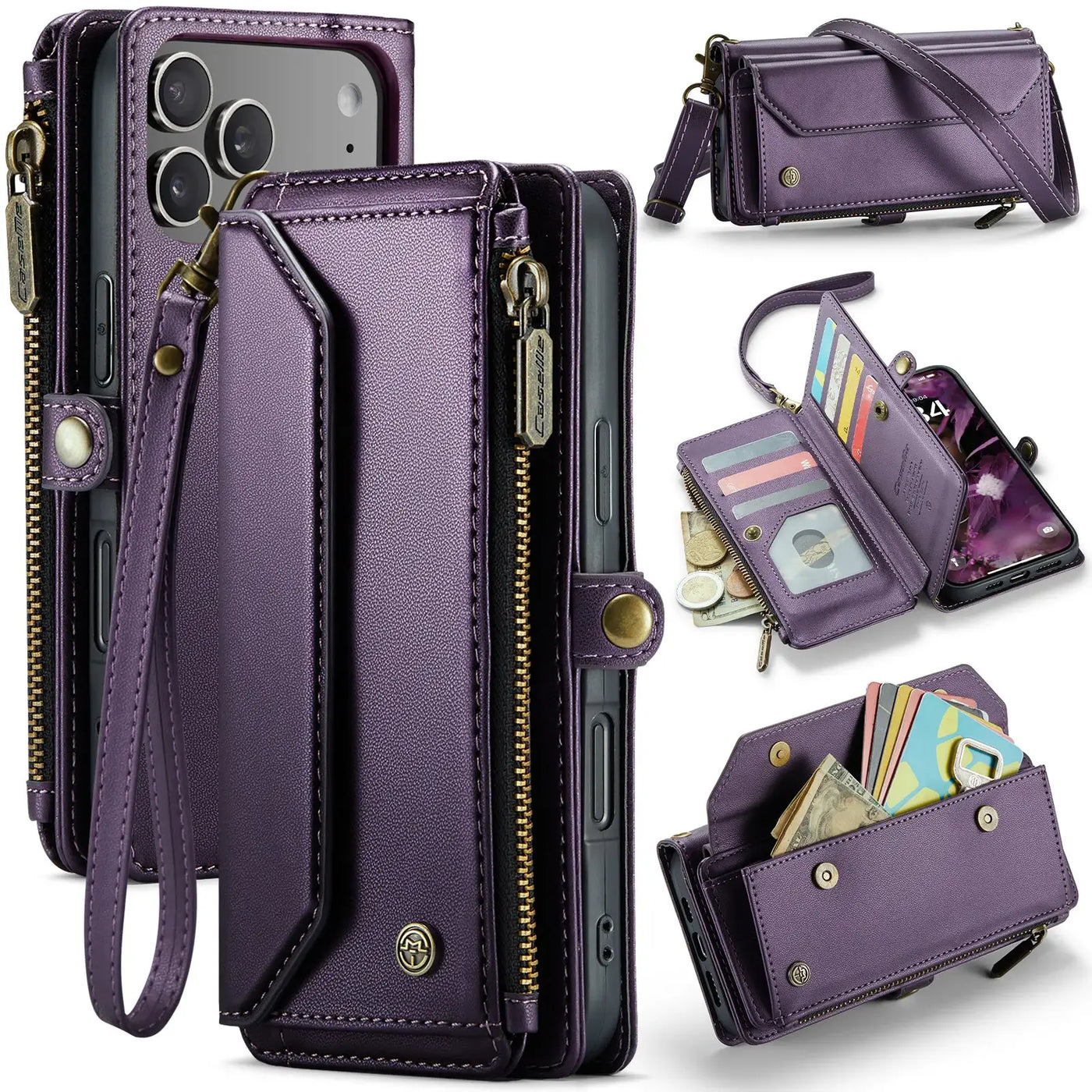 Buy Zipper Wallet Phone Case, RFID Blocking, Leather, Card Slots, for iPhone, Aurora at Caseles-iPhone 17 Pro Max, Aurora-Purple