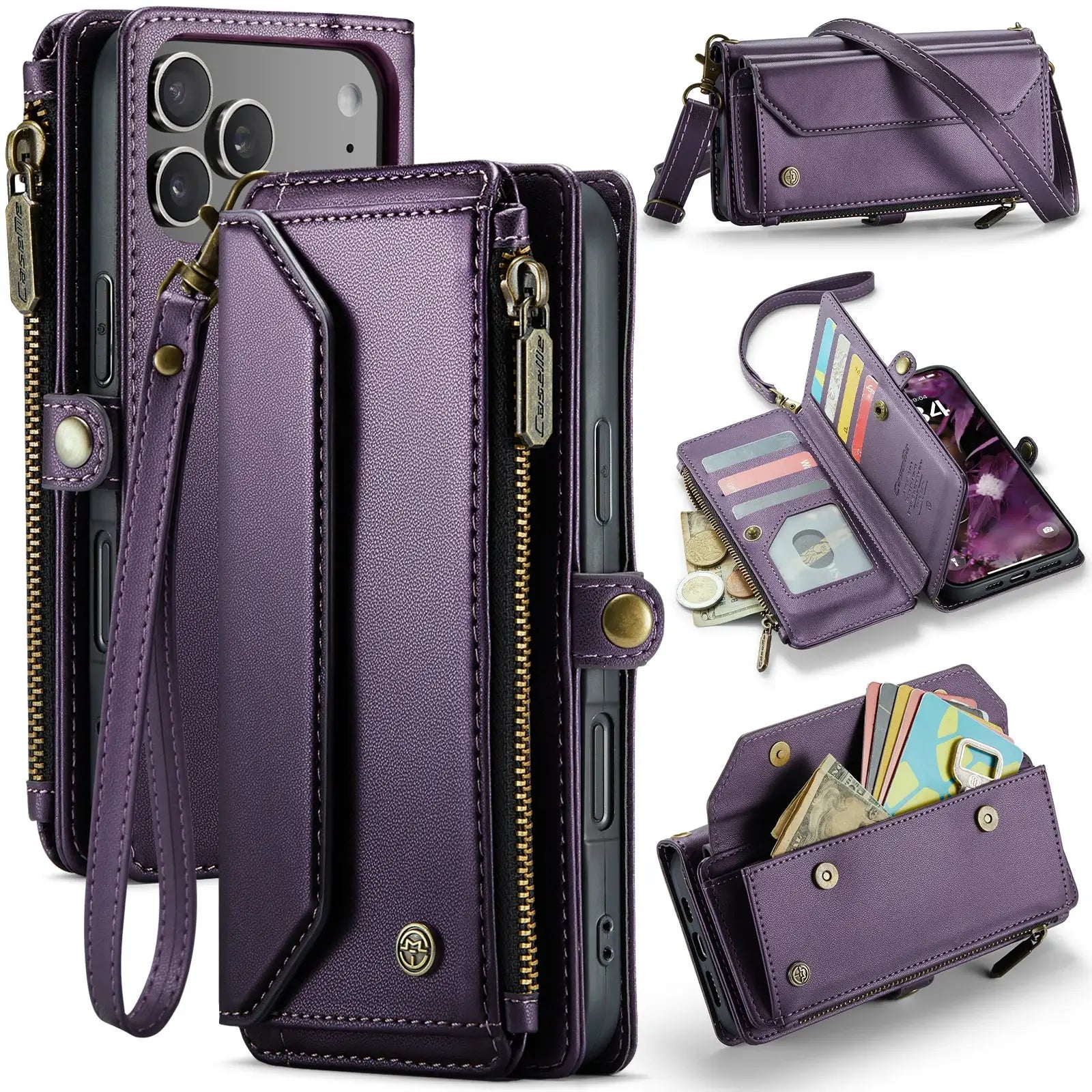 Buy Zipper Wallet Phone Case, RFID Blocking, Leather, Card Slots, for iPhone, Aurora at Caseles-iPhone 17 Pro Max, Aurora-Purple