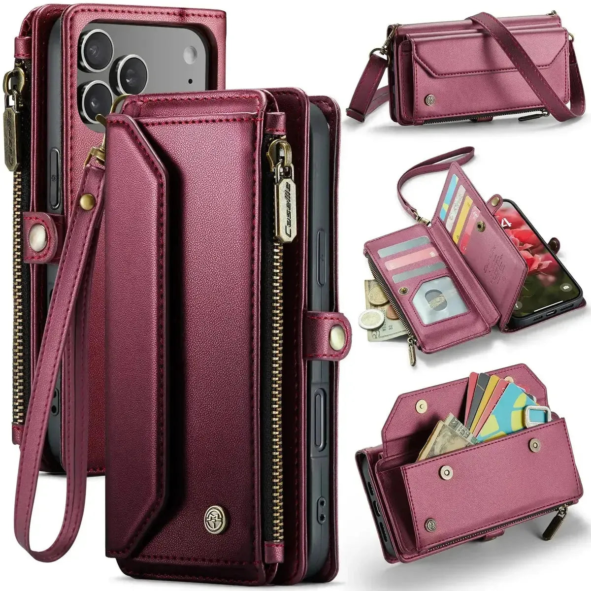 Buy Zipper Wallet Phone Case, RFID Blocking, Leather, Card Slots, for iPhone, Aurora at Caseles-iPhone 17 Pro Max, Aurora-Red