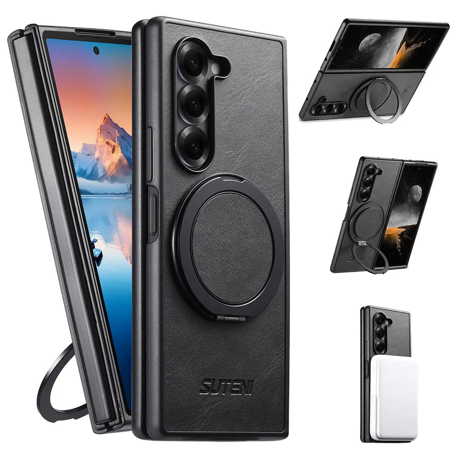 Buy Magnetic Vegan Leather Case for Galaxy Z Fold 7/6/5, 360° Rotatable Ring Stand, MagSafe Compatible Shockproof Armor - Austin at Caseles-Samsung Galaxy Z Fold 7, Black
