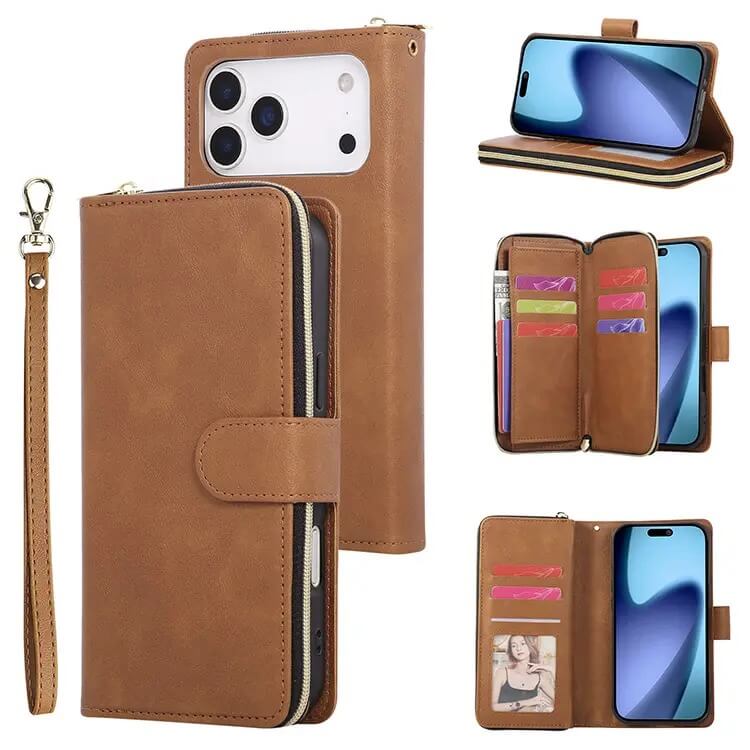 Buy Classic Wallet Phone Case, 9 Card Slots, Premium Leather, Credit Card Holder, Shockproof Case , BALDER at Caseles-iPhone 17 Pro Max, Balder-Khaki