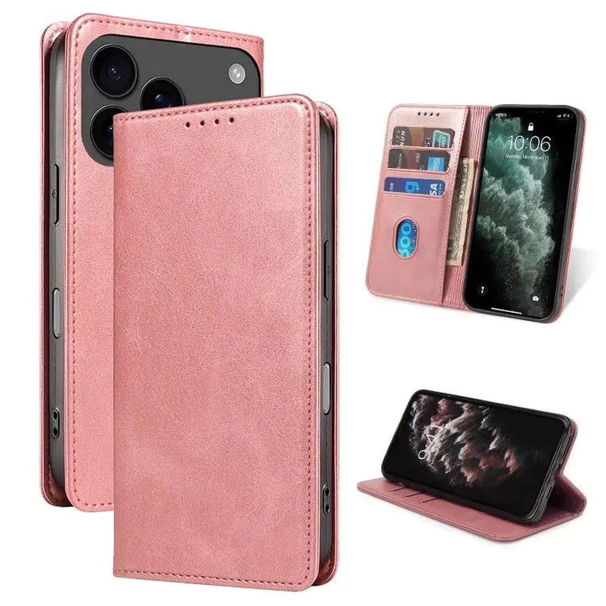 Buy Magnetic Folio Wallet Phone Case, Premium Leather, Credit Card Holder, Magnetic Closure, Flip Kickstand Shockproof Case, Barnaby at Caseles-iPhone 17 Pro Max, Barnaby-Pink