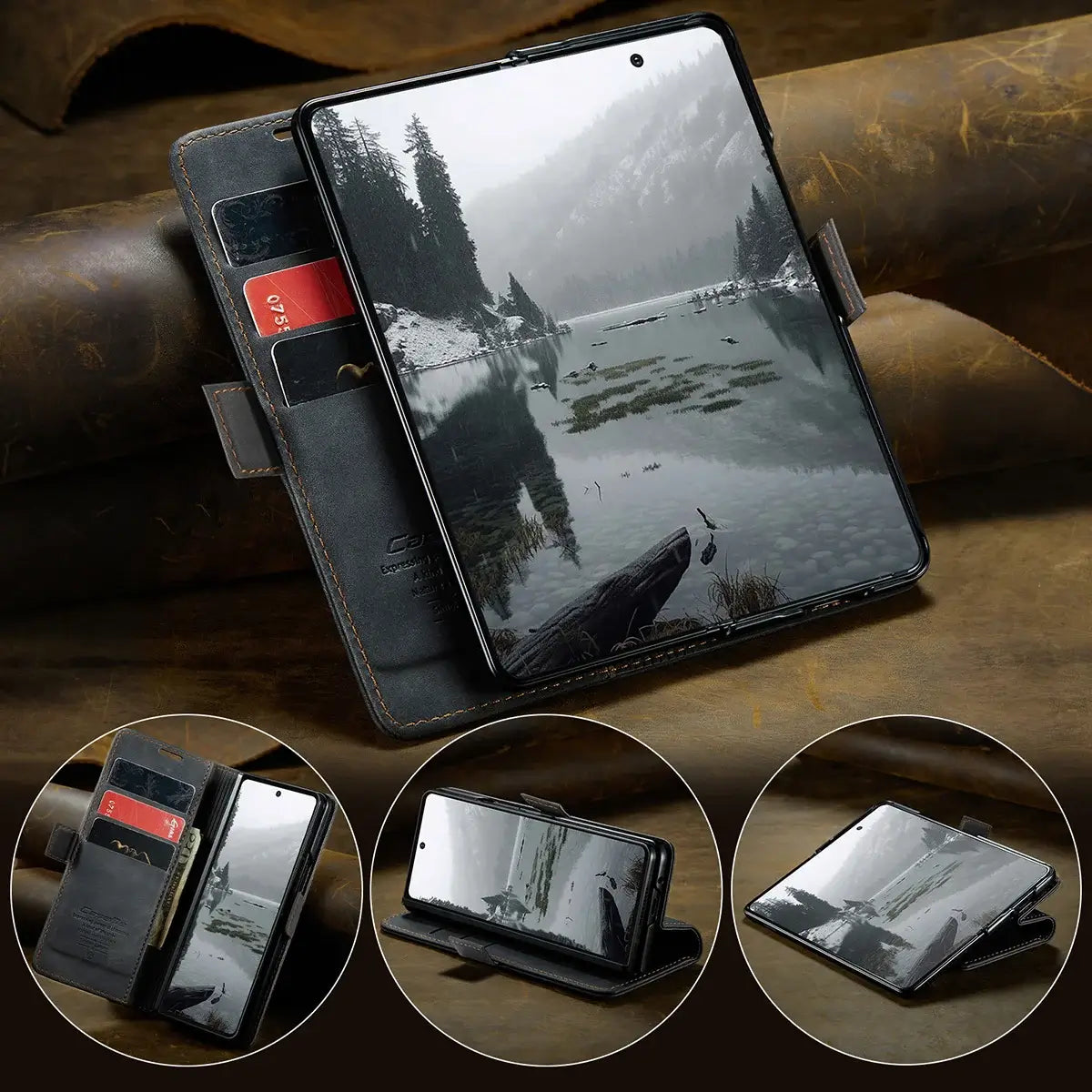 Buy Zipper Wallet Case for Galaxy Z Fold, Multi-Card Slots Leather Cover with Kickstand & 360° Full Protection - BERKELEY at Caseles-Samsung Galaxy Z Fold 7, BJM-Black