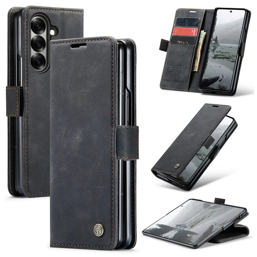 Buy Zipper Wallet Case for Galaxy Z Fold, Multi-Card Slots Leather Cover with Kickstand & 360° Full Protection - BERKELEY at Caseles-Samsung Galaxy Z Fold 7, BJM-Black