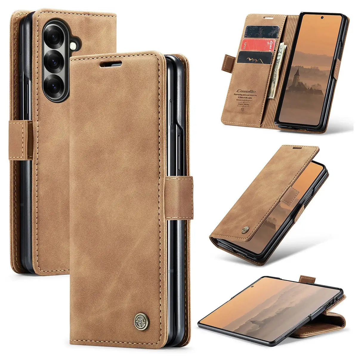 Buy Zipper Wallet Case for Galaxy Z Fold, Multi-Card Slots Leather Cover with Kickstand & 360° Full Protection - BERKELEY at Caseles-Samsung Galaxy Z Fold 7, BJM-Brown