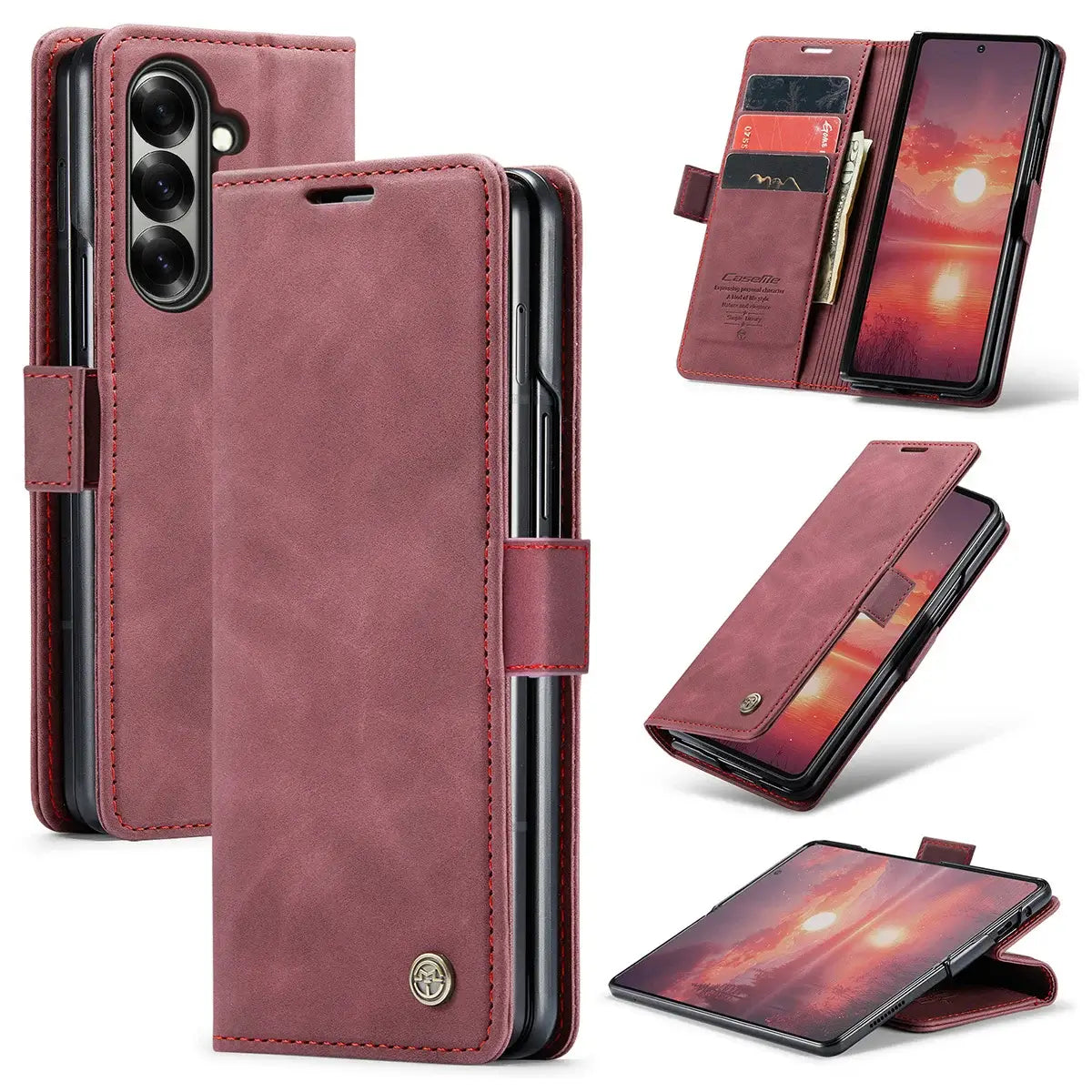 Buy Zipper Wallet Case for Galaxy Z Fold, Multi-Card Slots Leather Cover with Kickstand & 360° Full Protection - BERKELEY at Caseles-Samsung Galaxy Z Fold 7, BJM-Red