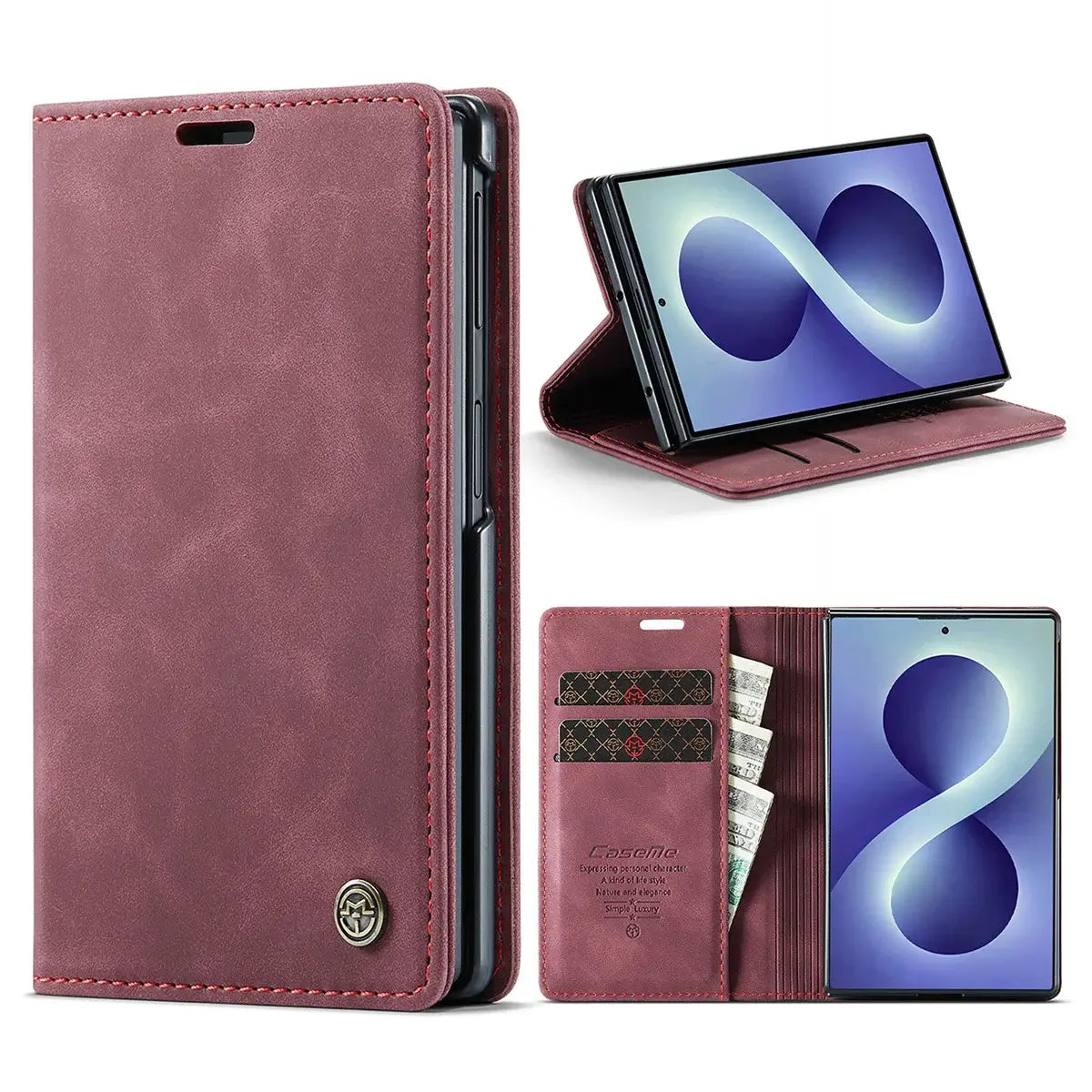 Buy Zipper Wallet Case for Galaxy Z Fold, Multi-Card Slots Leather Cover with Kickstand & 360° Full Protection - BERKELEY at Caseles-Samsung Galaxy Z Fold 8, BJM-Red