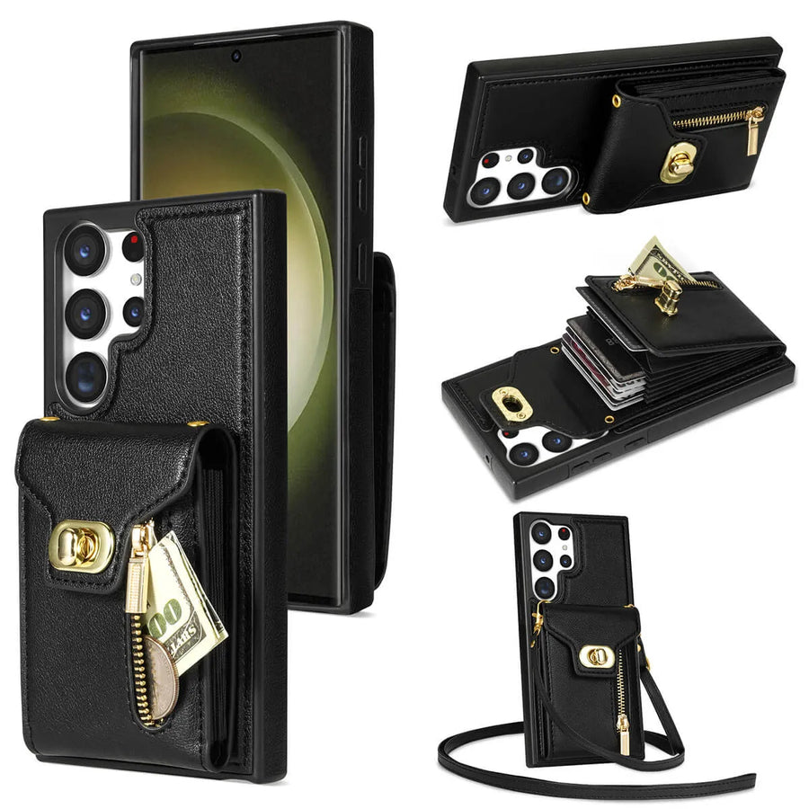 Buy Detachable Lanyard Leather Case Wallet Case Card Slot Shockproof Kickstand Zipper Closure Flip Leather Case for iPhone,BRIAN at Caseles-Samsung Galaxy A56 5G, Black
