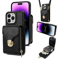 Buy Detachable Lanyard Leather Case Wallet Case Card Slot Shockproof Kickstand Zipper Closure Flip Leather Case for iPhone,Briana at Caseles-iPhone 16 Pro Max, Black