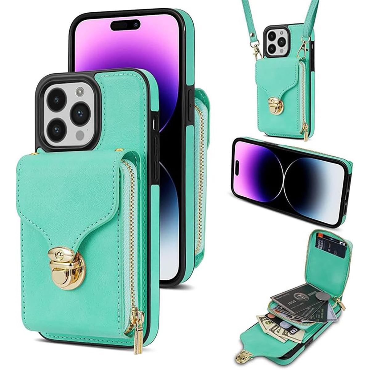 Buy Detachable Lanyard Leather Case Wallet Case Card Slot Shockproof Kickstand Zipper Closure Flip Leather Case for iPhone,Briana at Caseles-iPhone 16 Pro Max, Green