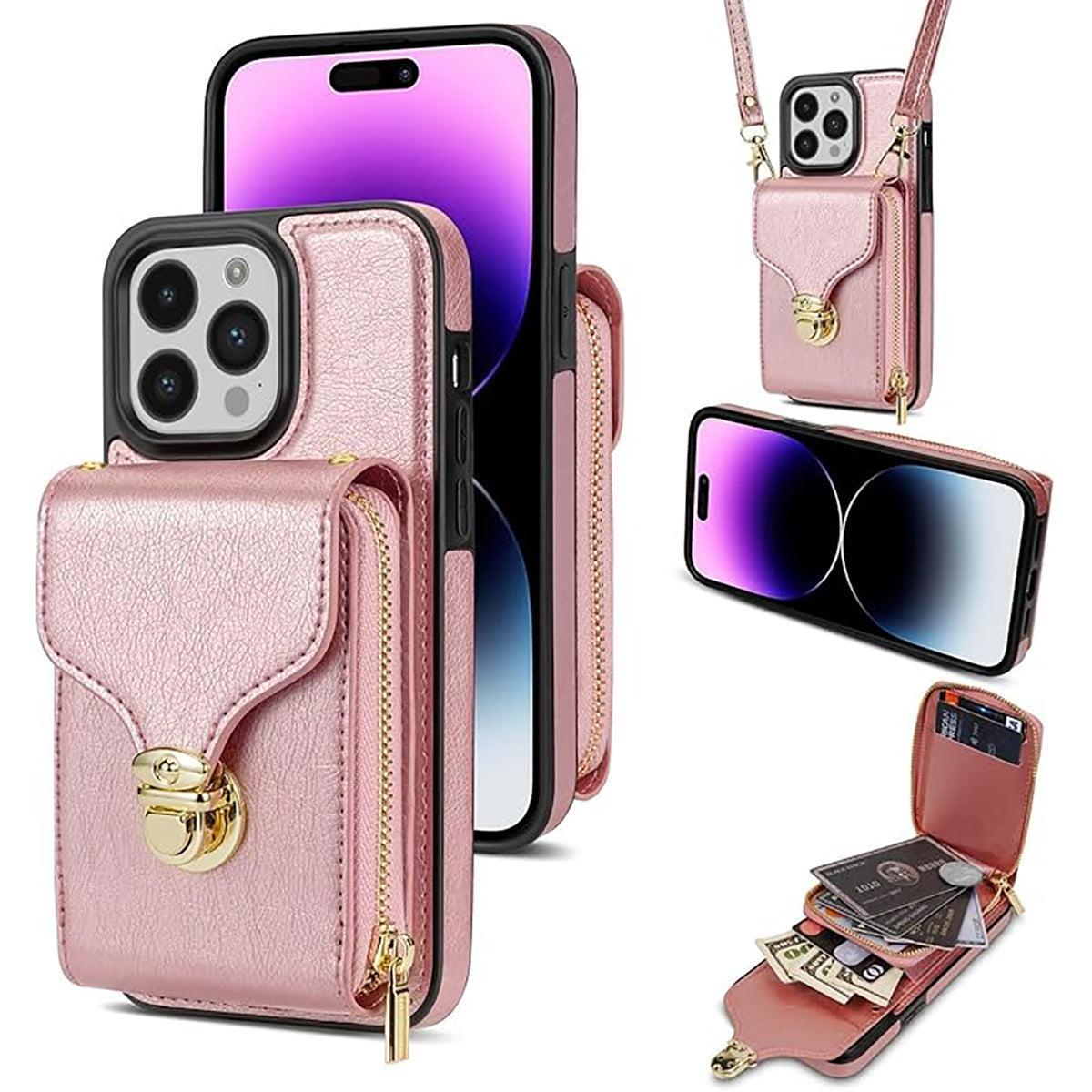 Buy Detachable Lanyard Leather Case Wallet Case Card Slot Shockproof Kickstand Zipper Closure Flip Leather Case for iPhone,Briana at Caseles-iPhone 16 Pro Max, Pink