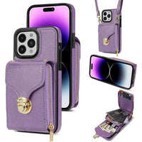Buy Detachable Lanyard Leather Case Wallet Case Card Slot Shockproof Kickstand Zipper Closure Flip Leather Case for iPhone,Briana at Caseles-iPhone 16 Pro Max, Purple