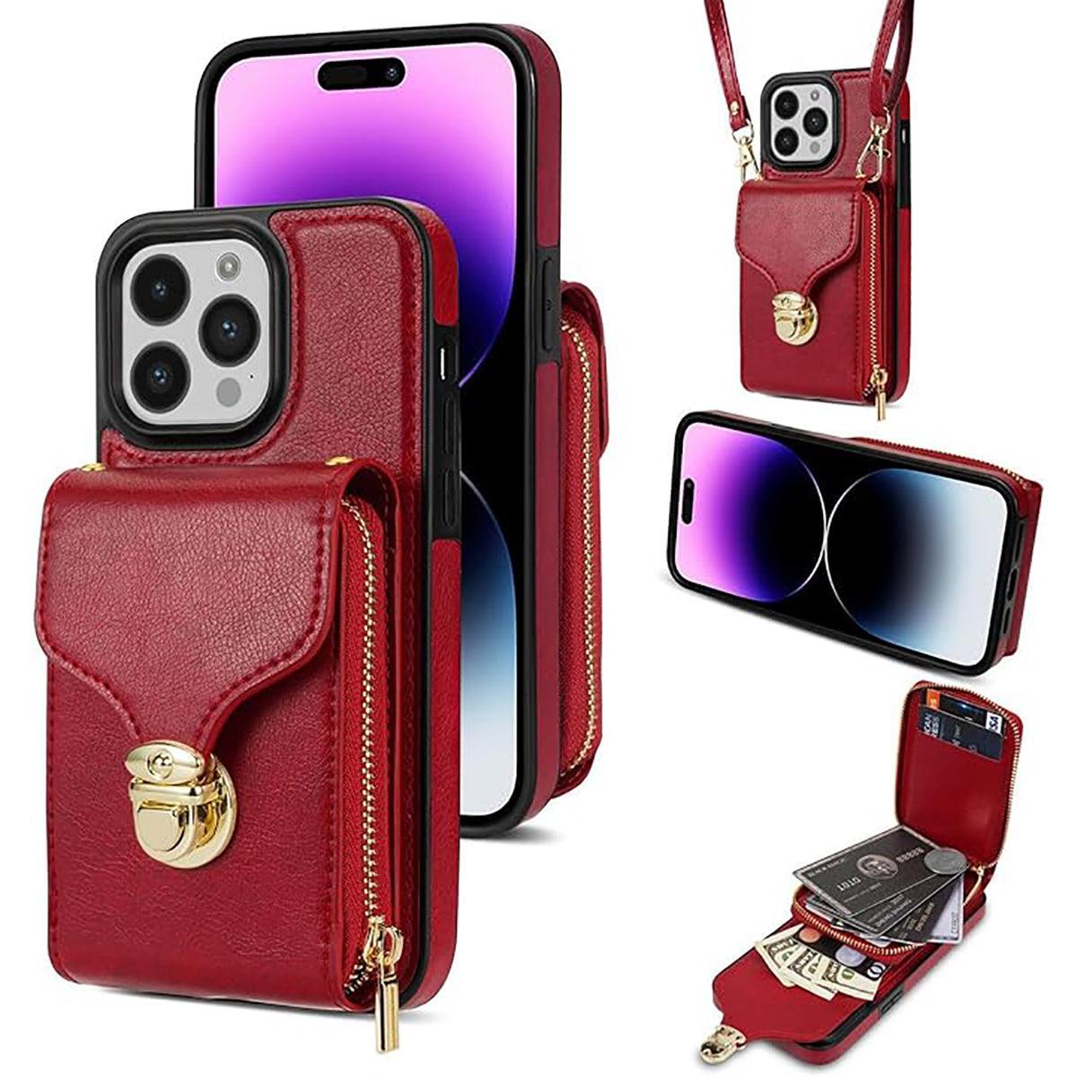 Buy Detachable Lanyard Leather Case Wallet Case Card Slot Shockproof Kickstand Zipper Closure Flip Leather Case for iPhone,Briana at Caseles-iPhone 16 Pro Max, Red