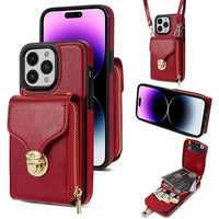 Buy Detachable Lanyard Leather Case Wallet Case Card Slot Shockproof Kickstand Zipper Closure Flip Leather Case for iPhone,Briana at Caseles-iPhone 16 Pro Max, Red