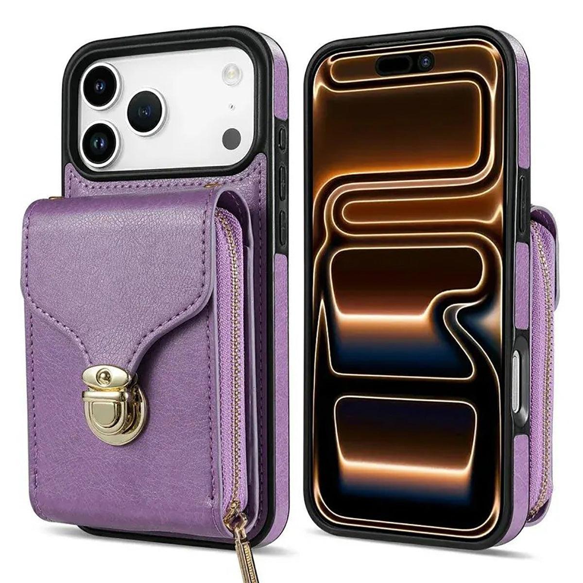 Buy Detachable Lanyard Leather Case Wallet Case Card Slot Shockproof Kickstand Zipper Closure Flip Leather Case for iPhone,Briana at Caseles-iPhone 17 Pro Max, Black