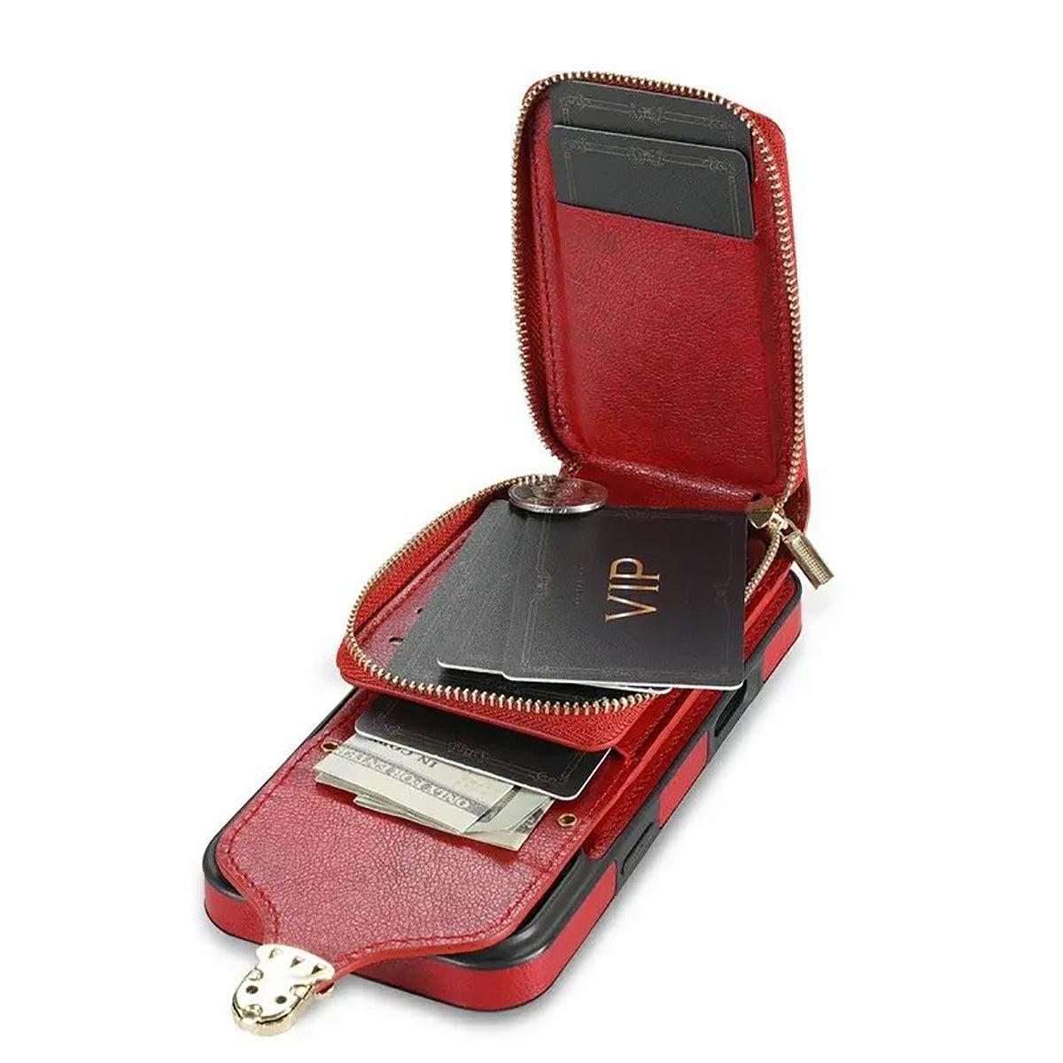 Buy Detachable Lanyard Leather Case Wallet Case Card Slot Shockproof Kickstand Zipper Closure Flip Leather Case for iPhone,Briana at Caseles-iPhone 17 Pro Max, Black