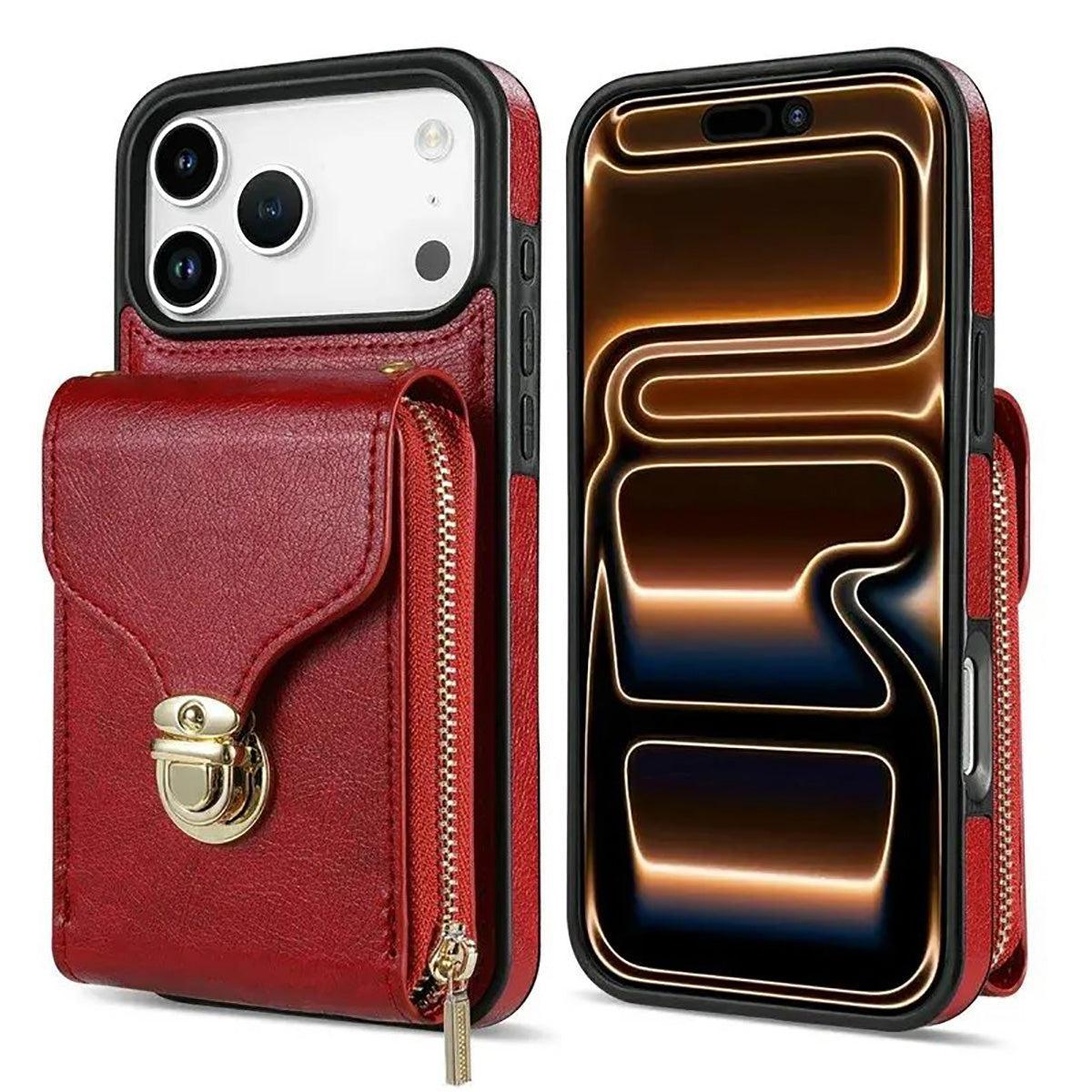 Buy Detachable Lanyard Leather Case Wallet Case Card Slot Shockproof Kickstand Zipper Closure Flip Leather Case for iPhone,Briana at Caseles-iPhone 17 Pro Max, Black
