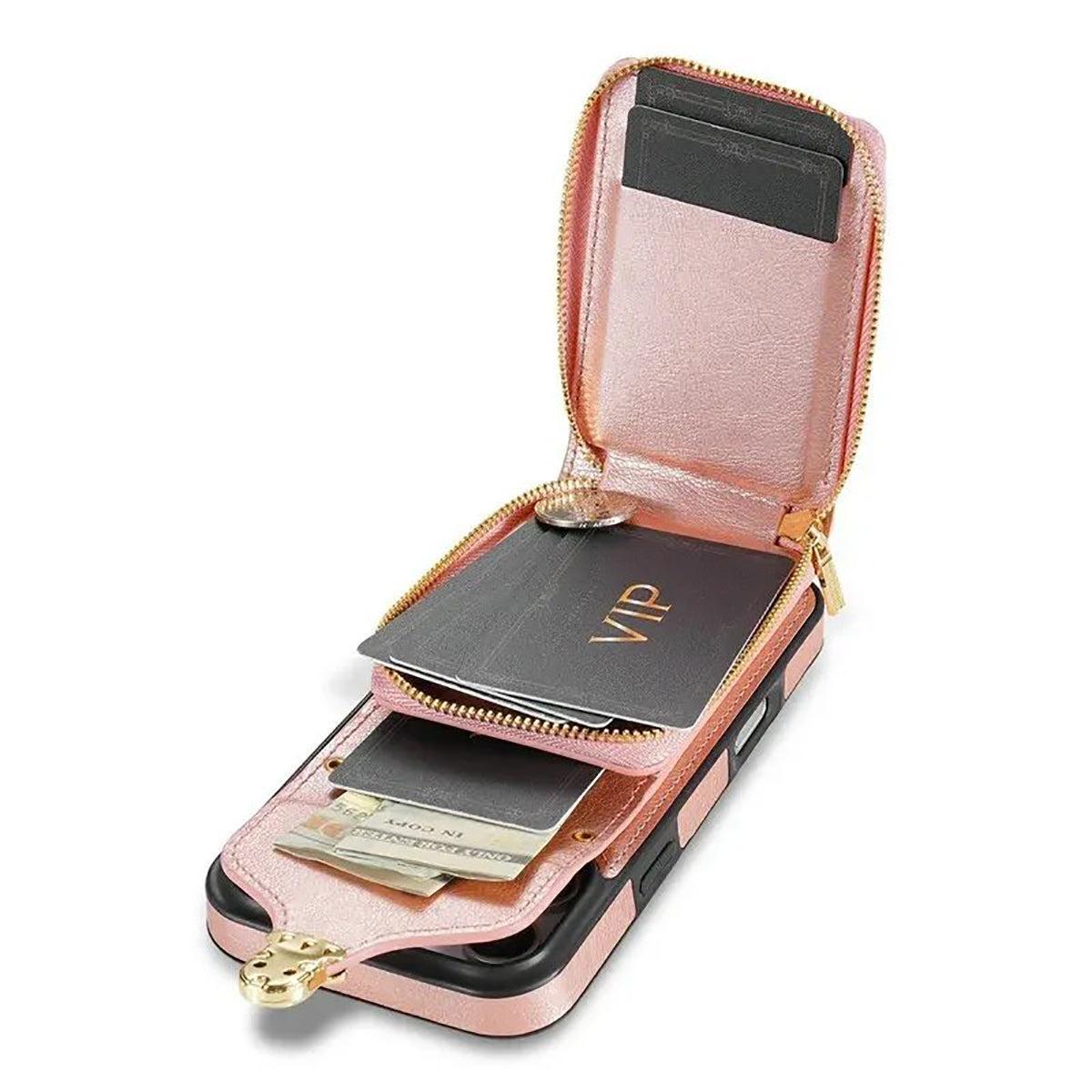 Buy Detachable Lanyard Leather Case Wallet Case Card Slot Shockproof Kickstand Zipper Closure Flip Leather Case for iPhone,Briana at Caseles-iPhone 17 Pro Max, Black