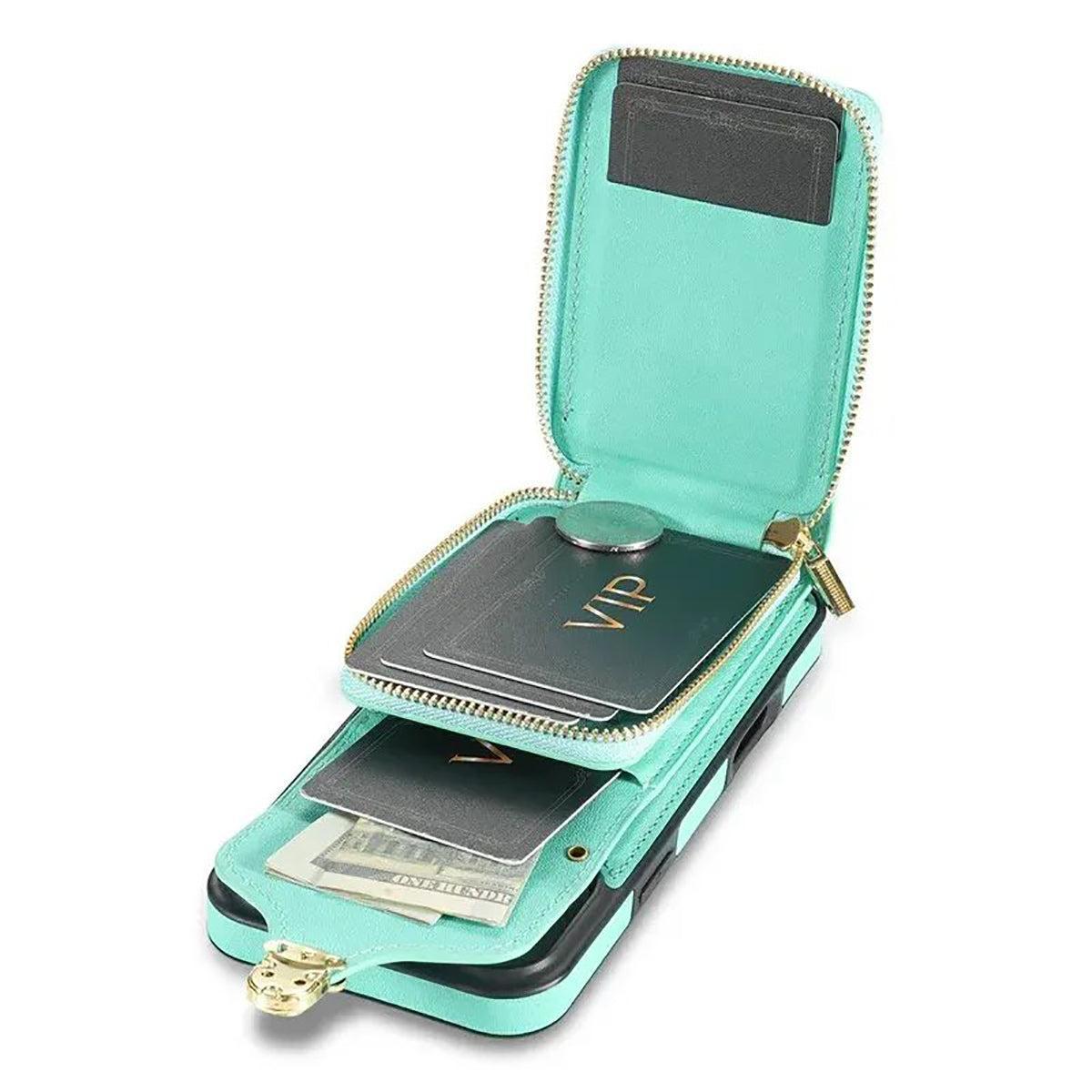 Buy Detachable Lanyard Leather Case Wallet Case Card Slot Shockproof Kickstand Zipper Closure Flip Leather Case for iPhone,Briana at Caseles-iPhone 17 Pro Max, Black