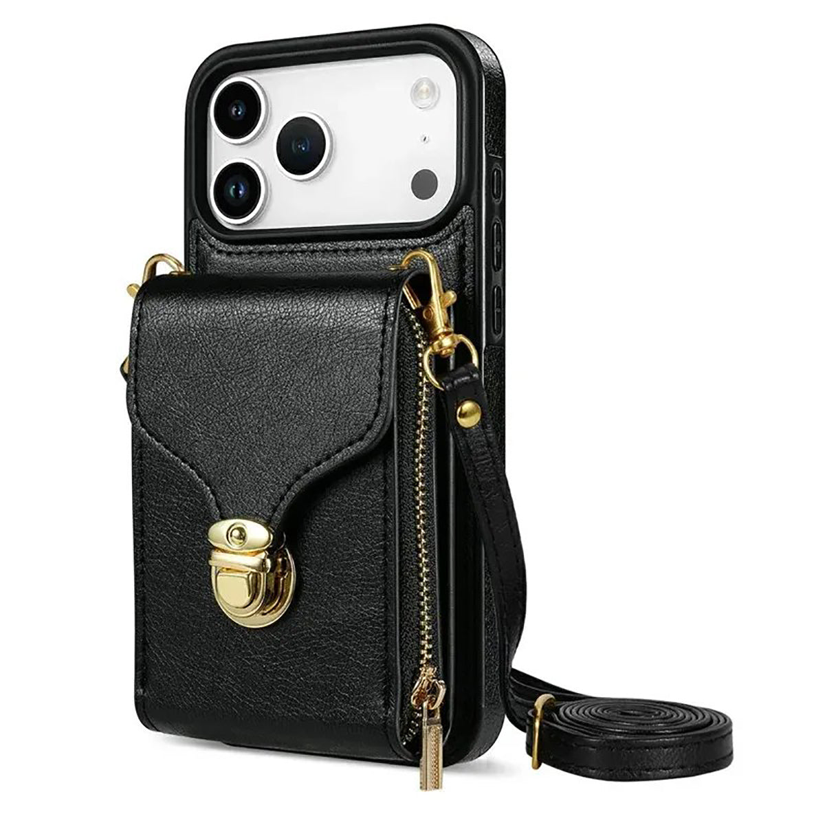 Buy Detachable Lanyard Leather Case Wallet Case Card Slot Shockproof Kickstand Zipper Closure Flip Leather Case for iPhone,Briana at Caseles-iPhone 17 Pro Max, Black