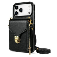 Buy Detachable Lanyard Leather Case Wallet Case Card Slot Shockproof Kickstand Zipper Closure Flip Leather Case for iPhone,Briana at Caseles-iPhone 17 Pro Max, Black