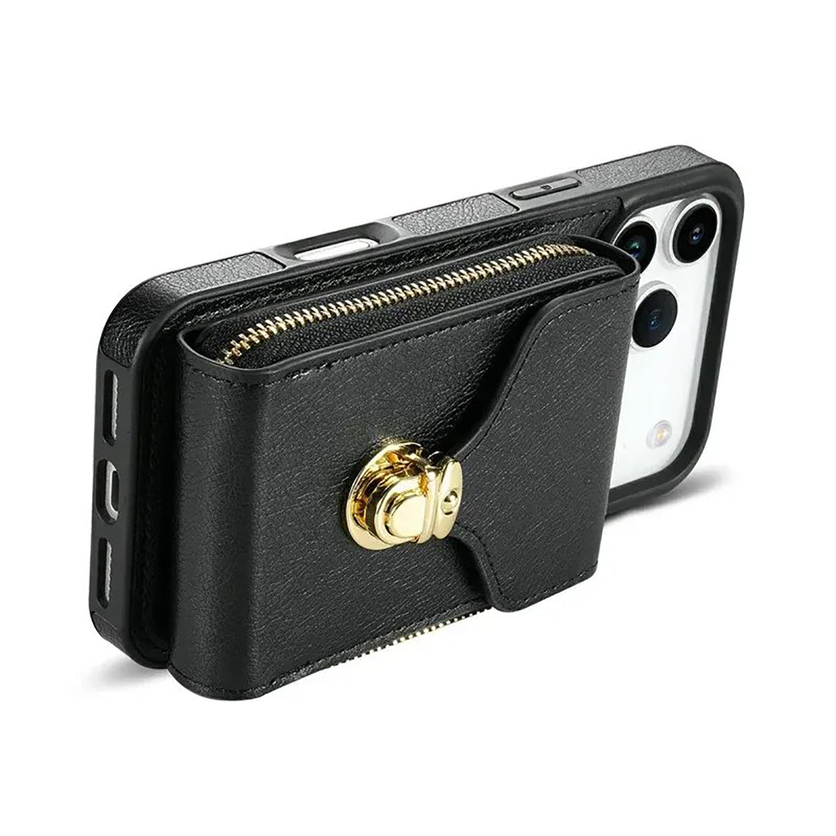 Buy Detachable Lanyard Leather Case Wallet Case Card Slot Shockproof Kickstand Zipper Closure Flip Leather Case for iPhone,Briana at Caseles-iPhone 17 Pro Max, Black
