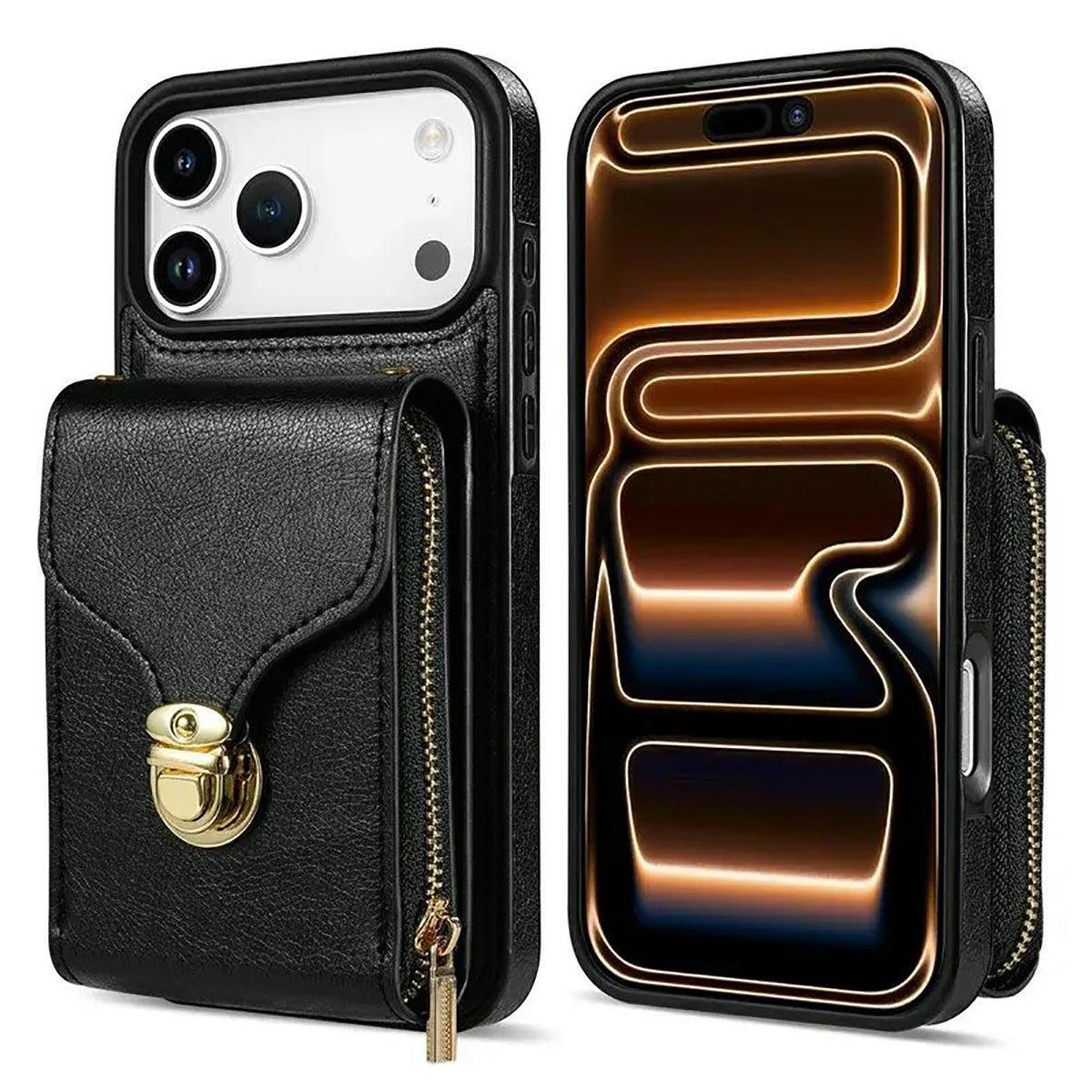Buy Detachable Lanyard Leather Case Wallet Case Card Slot Shockproof Kickstand Zipper Closure Flip Leather Case for iPhone,Briana at Caseles-iPhone 17 Pro Max, Black