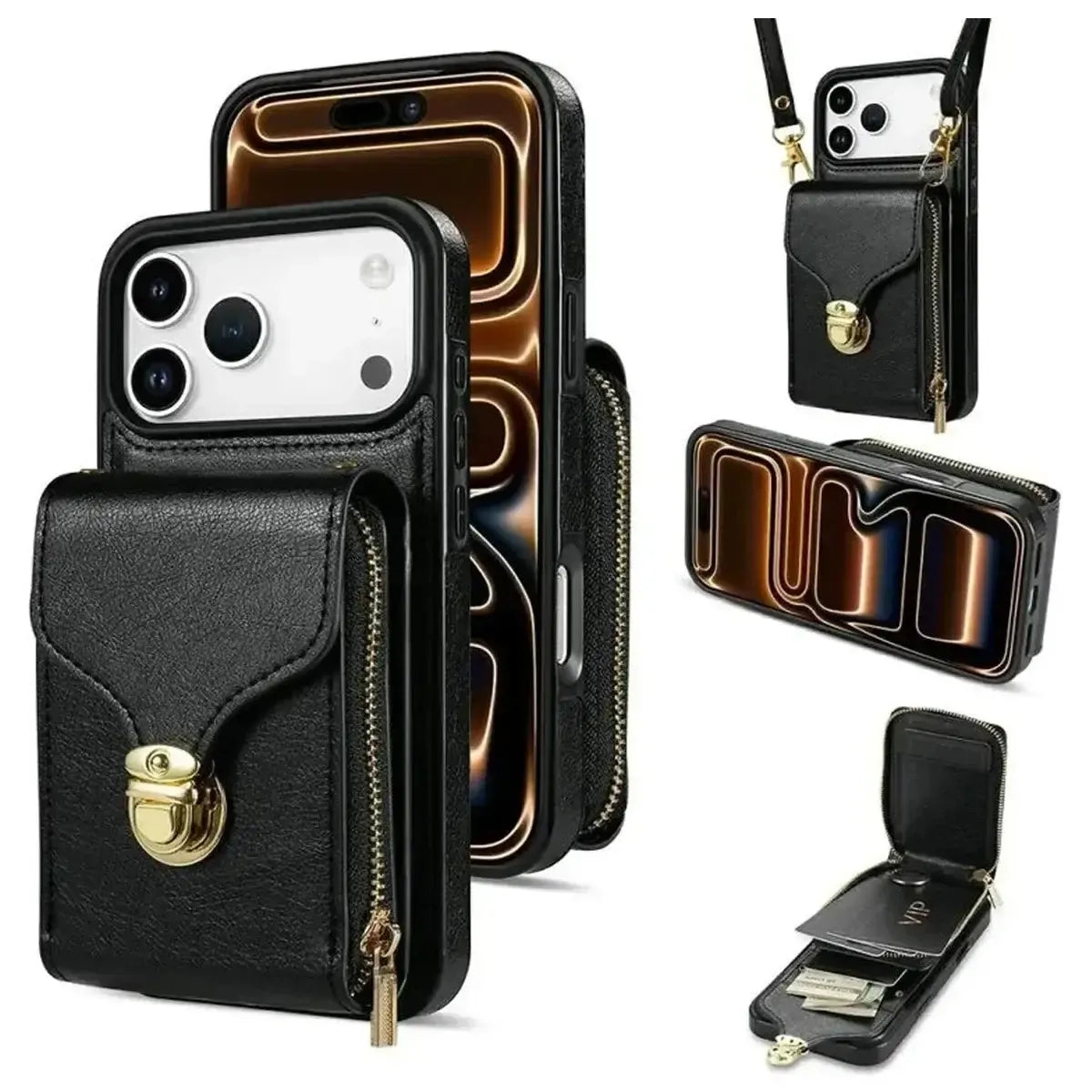 Buy Detachable Lanyard Leather Case Wallet Case Card Slot Shockproof Kickstand Zipper Closure Flip Leather Case for iPhone,Briana at Caseles-iPhone 17 Pro Max, Black