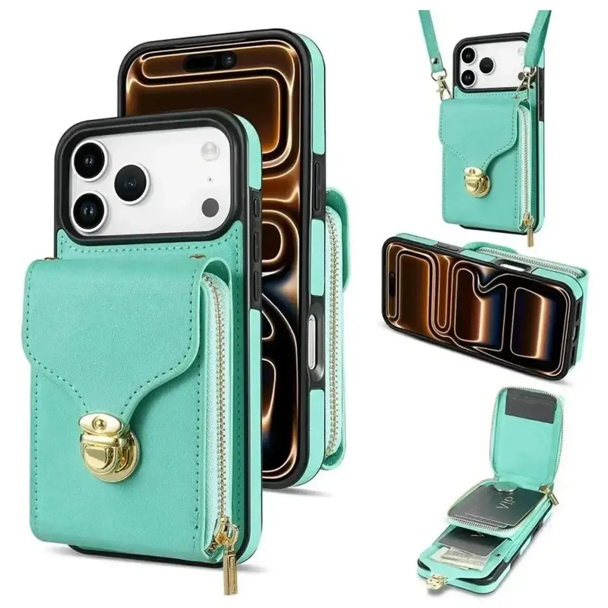 Buy Detachable Lanyard Leather Case Wallet Case Card Slot Shockproof Kickstand Zipper Closure Flip Leather Case for iPhone,Briana at Caseles-iPhone 17 Pro Max, Green