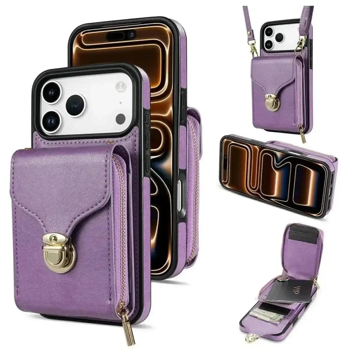 Buy Detachable Lanyard Leather Case Wallet Case Card Slot Shockproof Kickstand Zipper Closure Flip Leather Case for iPhone,Briana at Caseles-iPhone 17 Pro Max, Purple