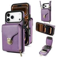 Buy Detachable Lanyard Leather Case Wallet Case Card Slot Shockproof Kickstand Zipper Closure Flip Leather Case for iPhone,Briana at Caseles-iPhone 17 Pro Max, Purple