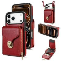 Buy Detachable Lanyard Leather Case Wallet Case Card Slot Shockproof Kickstand Zipper Closure Flip Leather Case for iPhone,Briana at Caseles-iPhone 17 Pro Max, Red