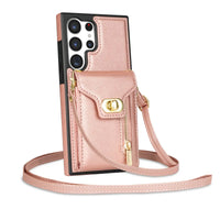 Buy Detachable Lanyard Leather Case Wallet Case Card Slot Shockproof Kickstand Zipper Closure Flip Leather Case for iPhone,Briella at Caseles-Samsung Galaxy S24 Ultra, Pink