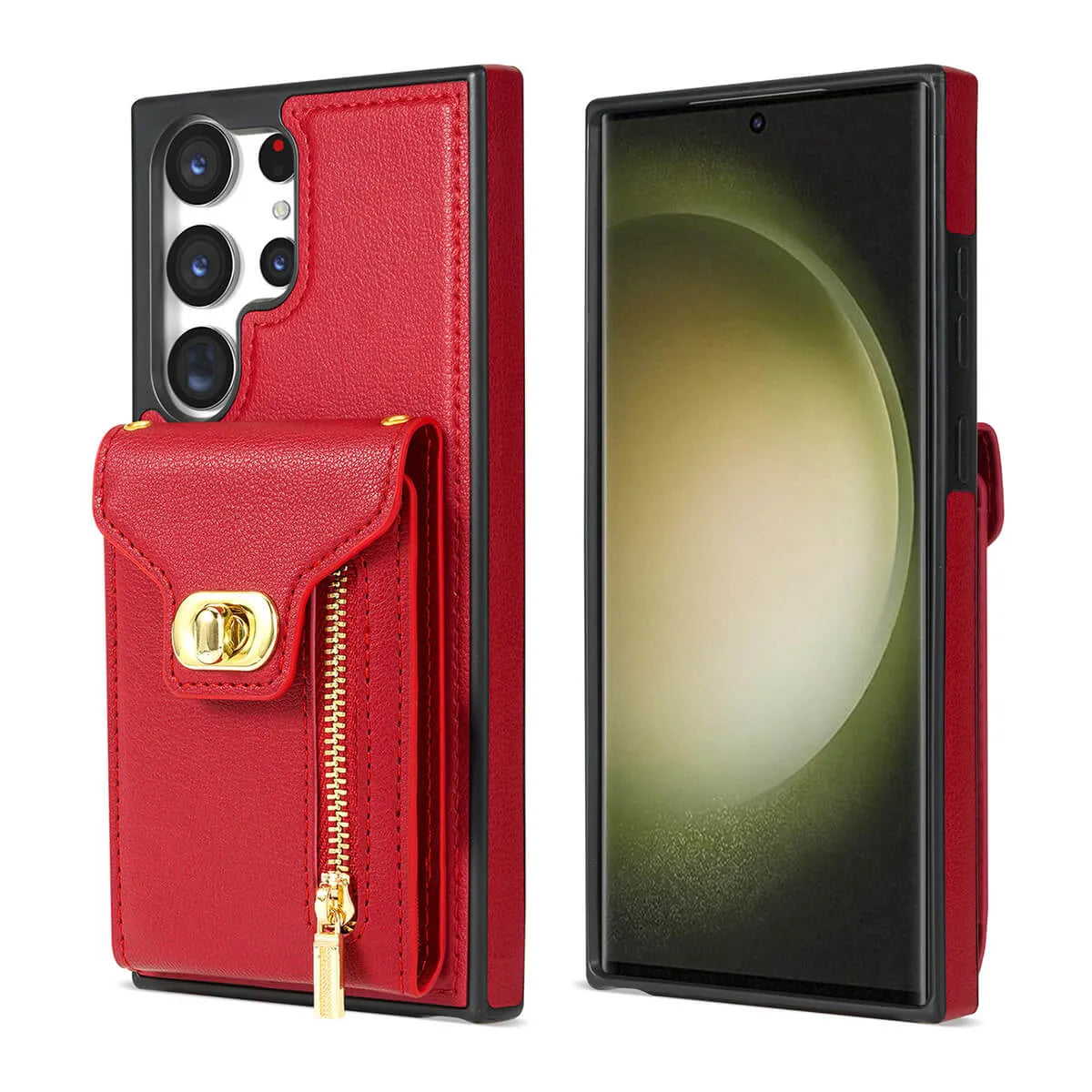 Buy Detachable Lanyard Leather Case Wallet Case Card Slot Shockproof Kickstand Zipper Closure Flip Leather Case for iPhone,Briella at Caseles-Samsung Galaxy S24 Ultra, Pink