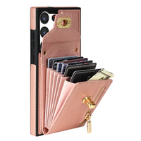 Buy Detachable Lanyard Leather Case Wallet Case Card Slot Shockproof Kickstand Zipper Closure Flip Leather Case for iPhone,Briella at Caseles-Samsung Galaxy S24 Ultra, Pink