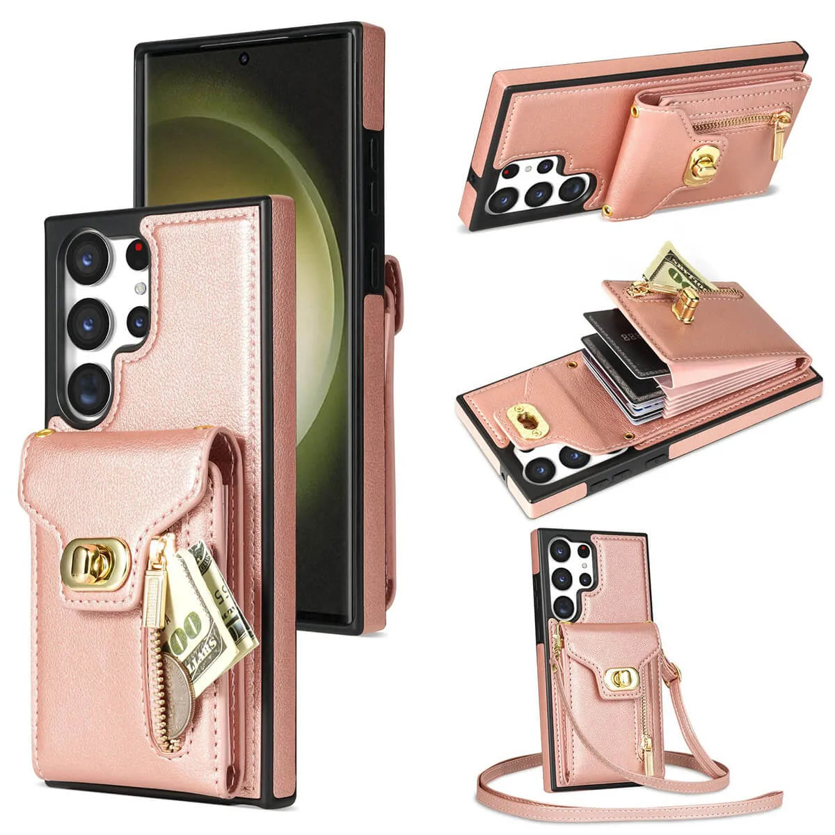 Buy Detachable Lanyard Leather Case Wallet Case Card Slot Shockproof Kickstand Zipper Closure Flip Leather Case for iPhone,Briella at Caseles-Samsung Galaxy S24 Ultra, Pink