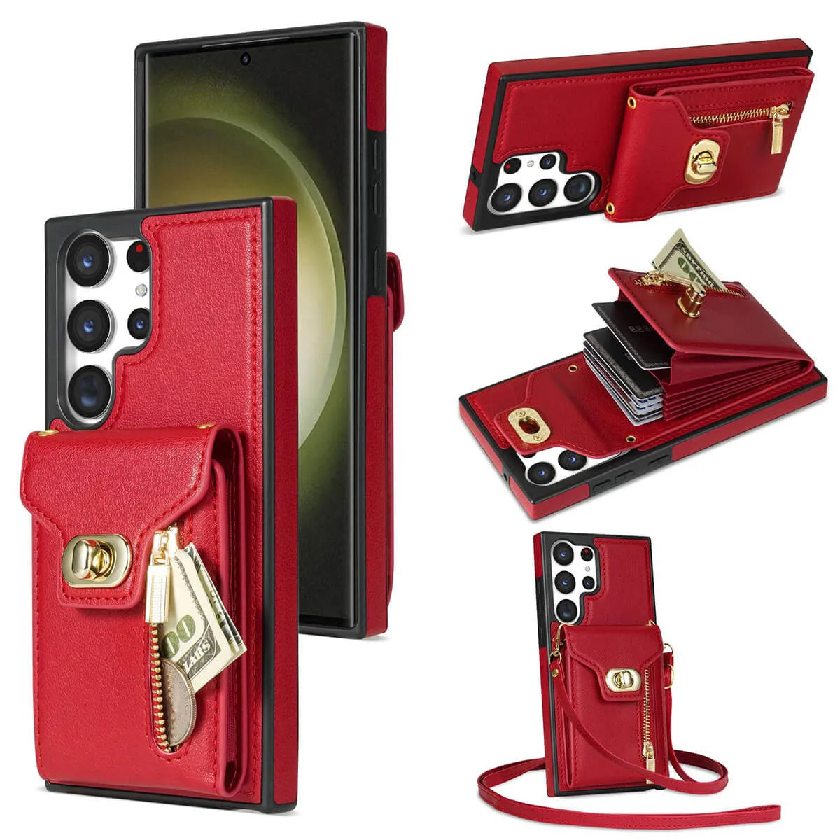 Buy Detachable Lanyard Leather Case Wallet Case Card Slot Shockproof Kickstand Zipper Closure Flip Leather Case for iPhone,Briella at Caseles-Samsung Galaxy S24 Ultra, Red