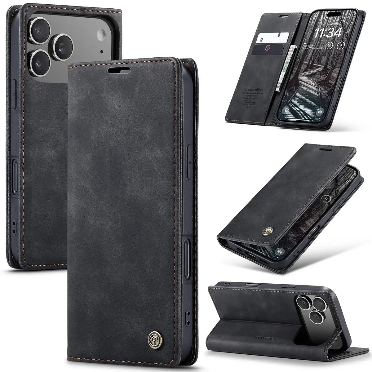 Buy Magnetic Flip Leather Card Wallet Case for iPhone, Kickstand & Drop Protection, BROOKS at Caseles-iPhone 17 Pro Max, BJM-Black